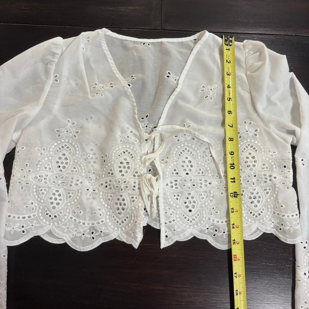 White Eyelet Tie Front Crop Blouse Bolero szXS Festval Boho Cottagecore Coquette - Picture 5 of 6